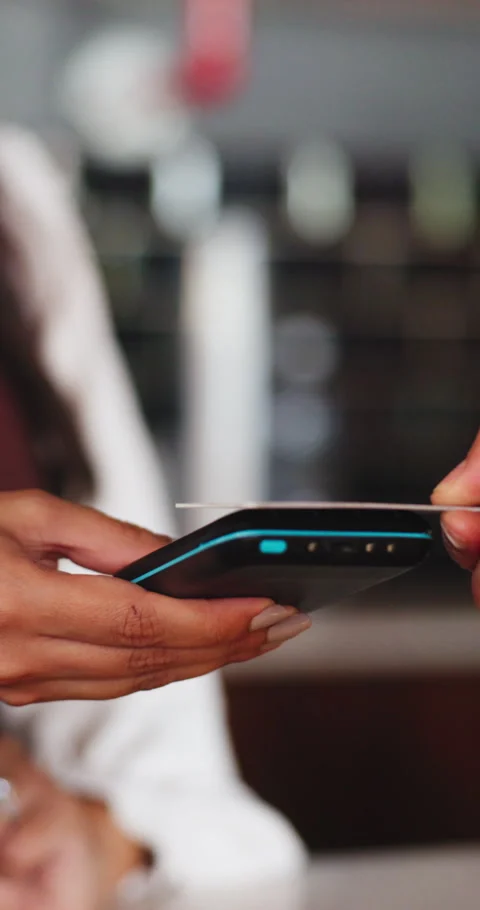 Hands, people and debit card payment with POS machine, electronic transaction Stock Footage 331461448