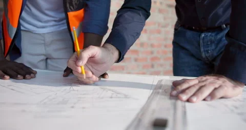 Hands, people and engineer writing with blueprint, drawing and sketch for Stock Footage 337548837