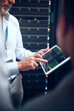 Hands, people and programming with tablet screen in server room for researc.. 스톡 사진