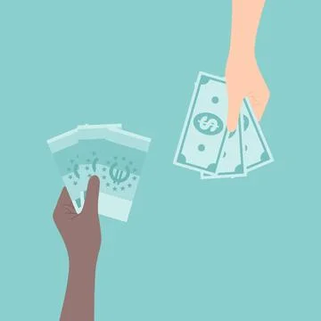 Hands of people of different skin tones exchanging euro and dollar banknotes Stock Illustration
