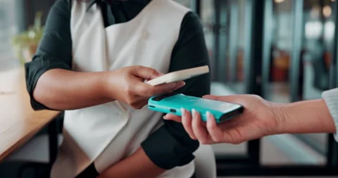 Hands, people or pos machine with phone in restaurant, cashless transaction or Stock Footage 335925459