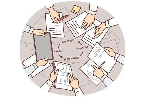 Hands of people over table with documents doing teamwork and strategizing during Stock Illustration