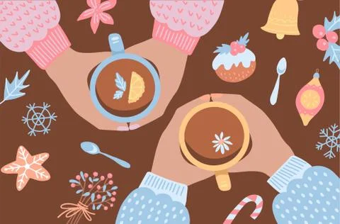 Hands of people sitting around table and celebrating Christmas, dreanking tea Stock Illustration
