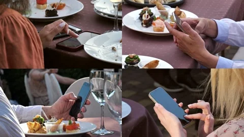 Hands of people using mobile phone while sitting in restaurant. collage Stock-Footage 278726420