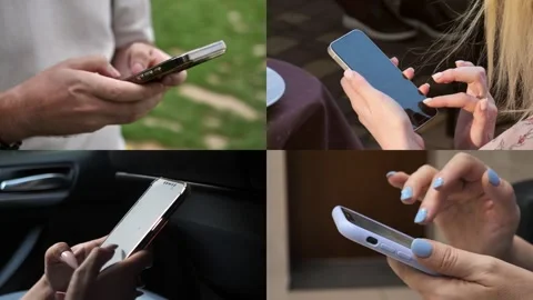 Hands of people using mobile phone. Collage Stock-Footage 303181472