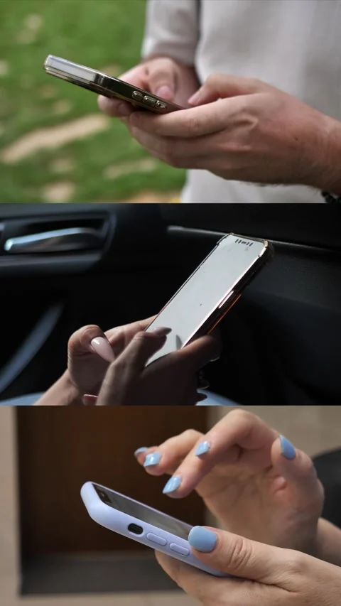 Hands of people using mobile phone. Collage Stock Footage 303183200