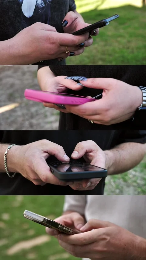 Hands of people using mobile phone. Collage Stock Footage 334836419