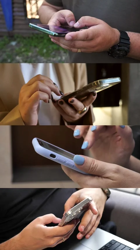 Hands of people using mobile phone. Collage Stock Footage 334836421