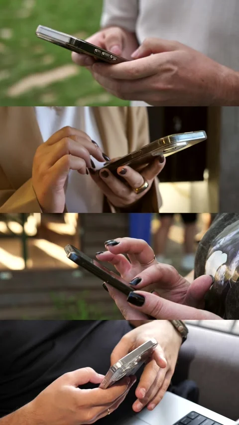 Hands of people using mobile phone. Collage Stock Footage 334836422