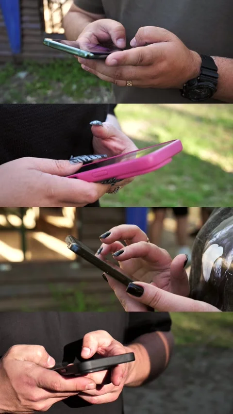 Hands of people using mobile phone. Collage Stock Footage 334836425