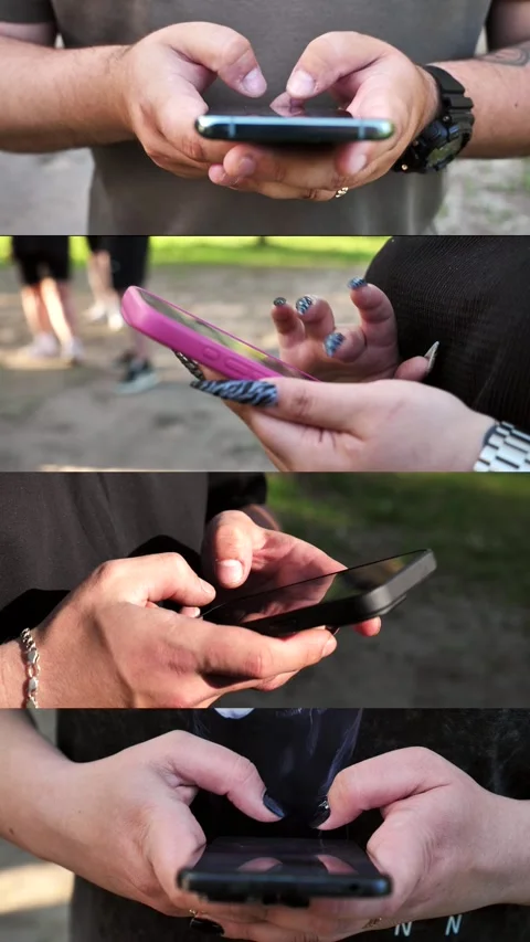 Hands of people using mobile phone. Collage Stock Footage 334836447