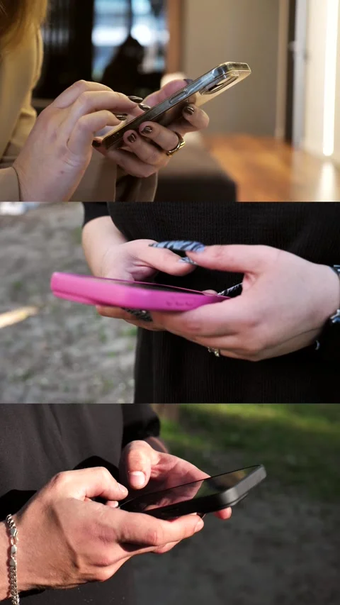Hands of people using mobile phone. Collage,multi-screen Stock Footage 334841201