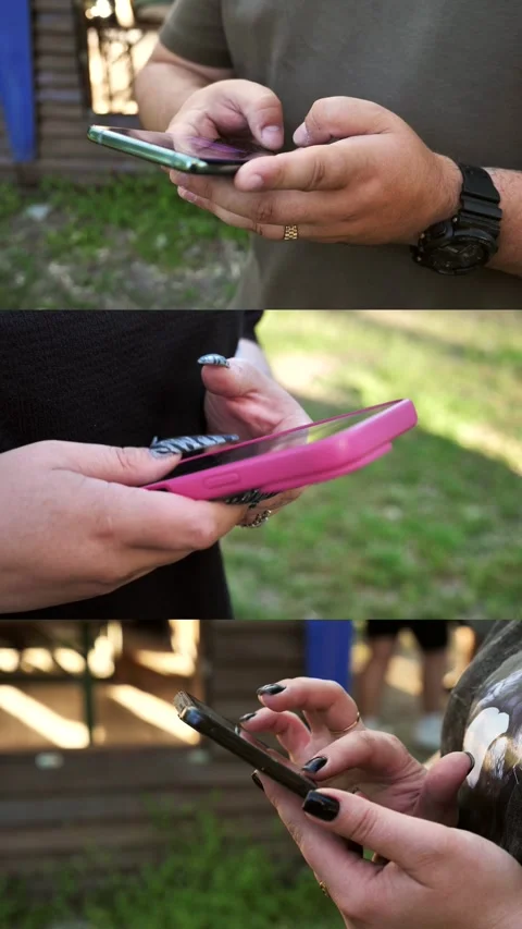 Hands of people using mobile phone. Collage,multi-screen Stock Footage 334841202