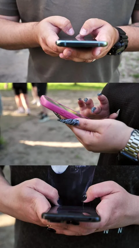 Hands of people using mobile phone. Collage,multi-screen Stock Footage 334841207