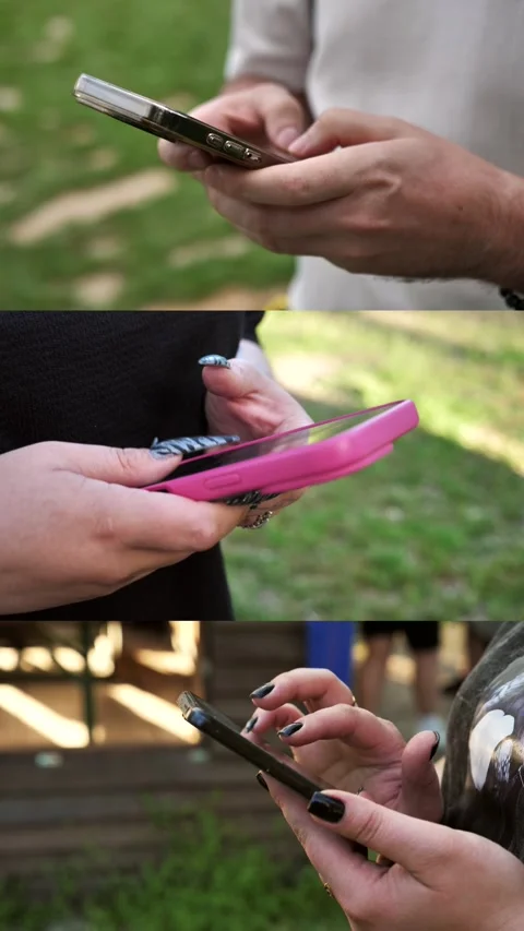 Hands of people using mobile phone. Collage,multi-screen Stock Footage 334841267