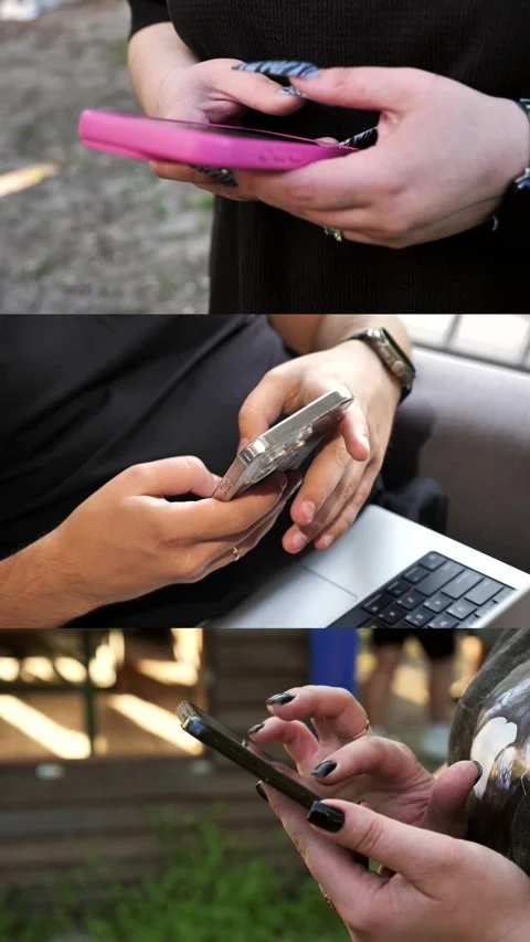 Hands of people using mobile phone. Collage,multi-screen Stock Footage 334841279