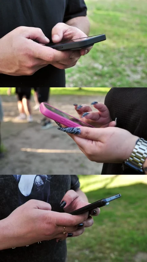 Hands of people using mobile phone. Collage,multi-screen Stock Footage 334841282