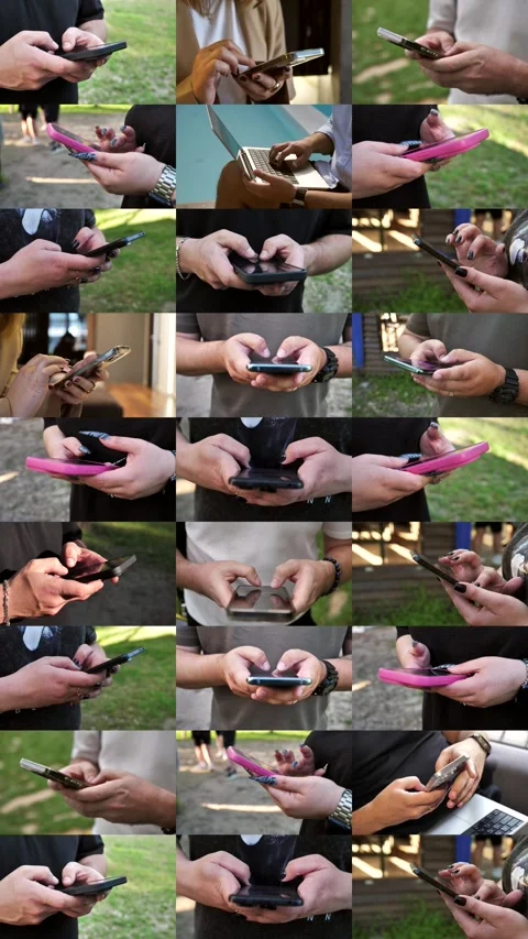 Hands of people using mobile phone. Collage, multi-screen Vídeos de archivo 334927129