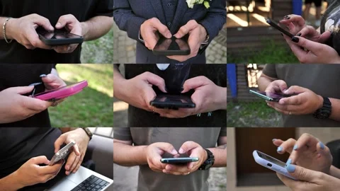 Hands of people using mobile phone. Collage, multi-screen Stock Footage 334927205