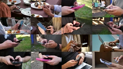 Hands of people using mobile phone. Collage, multi-screen Stock Footage 334927208