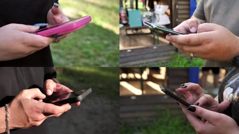 Hands of people using mobile phone. Collage, multi-screen Stock Footage 334927209