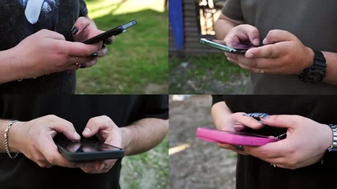 Hands of people using mobile phone. Collage, multi-screen Stock Footage 334927210