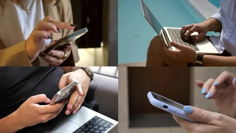 Hands of people using mobile phone. Collage, multi-screen Stock Footage 334927219