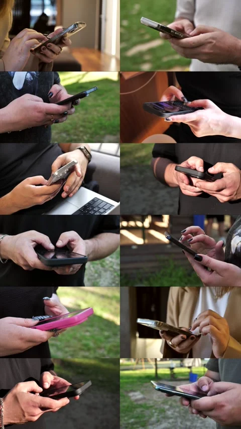 Hands of people using mobile phone. Collage, multi-screen Stock Footage 340820036