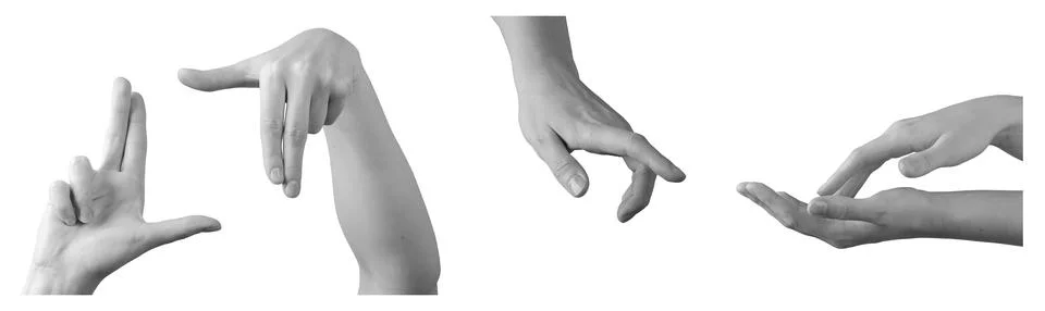 Hands perform various gestures, framing crop sign, finger click touch, and Stock Photos
