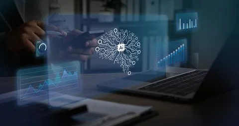 Hands performing data analysis using smartphone beside laptop displaying da.. Foto stock