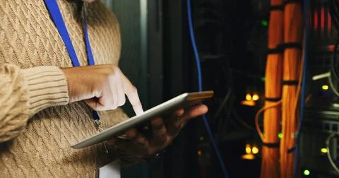 Hands, person and database on tablet in server room for software, update system Stock Photos
