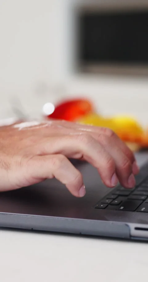 Hands, person and laptop in home for cooking, research and online recipe for Stock Footage 337014257