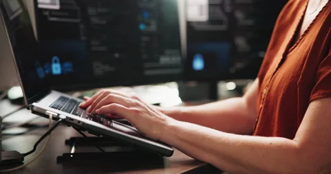 Hands, person and laptop for programming in office with research, software Stock Footage 330048528