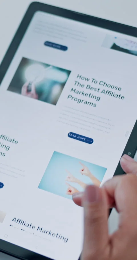 Hands, person and reading with tablet screen in office for marketing research Stock Footage 327843718