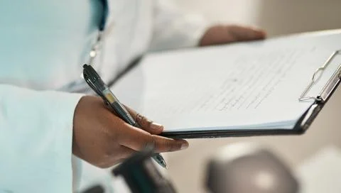 Hands, person and scientist with document in lab research, medical report a.. Foto stock