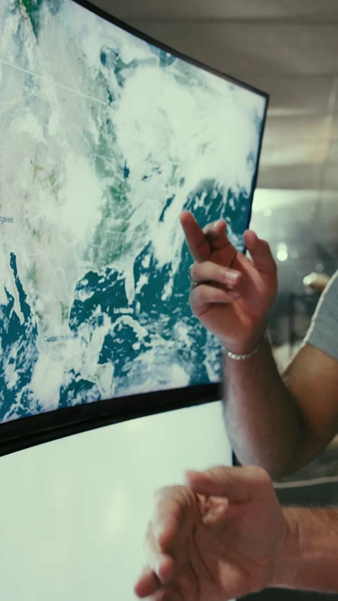 Hands, person and screen with maps in control room to monitor weather, climate Stock Footage 319246090