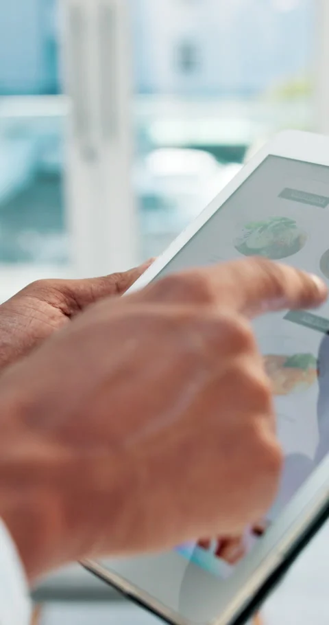 Hands, person and scroll on tablet screen with menu of online shopping, decision Stock Footage 294672903