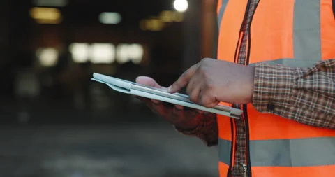 Hands, person and scroll in warehouse with tablet, research and supply chain for Stock Footage 341377076