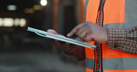 Hands, person and typing in warehouse with tablet, research and supply chain for Stock Footage 341380538