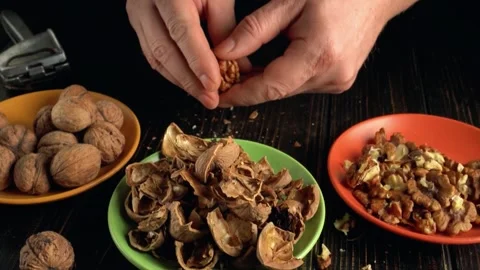 Hands of a person cracking open walnuts, separating shells and nuts into Stock Footage 335791980