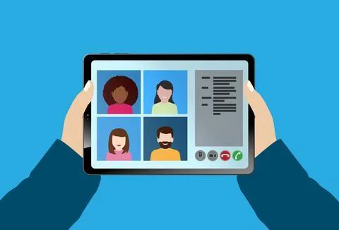 Hands of person holding tablet computer with video conference イラスト素材