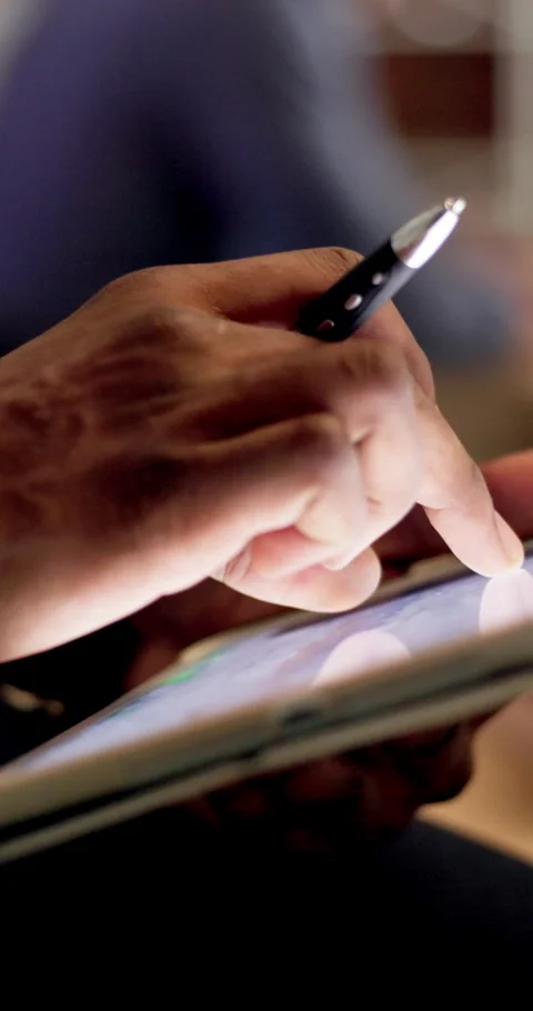 Hands, person or scroll on tablet screen at agency for ad results, KPI data or Stock Footage 335791270