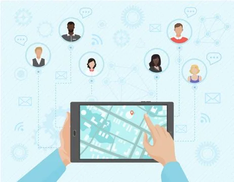 Hands of a person pointing at the tablet with the map on the screen. Illustrazione stock