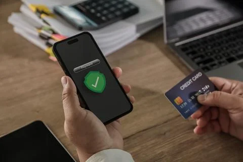 Hands phone and qr code smartphone showing secure payment confirmation a cr.. Stock Photos