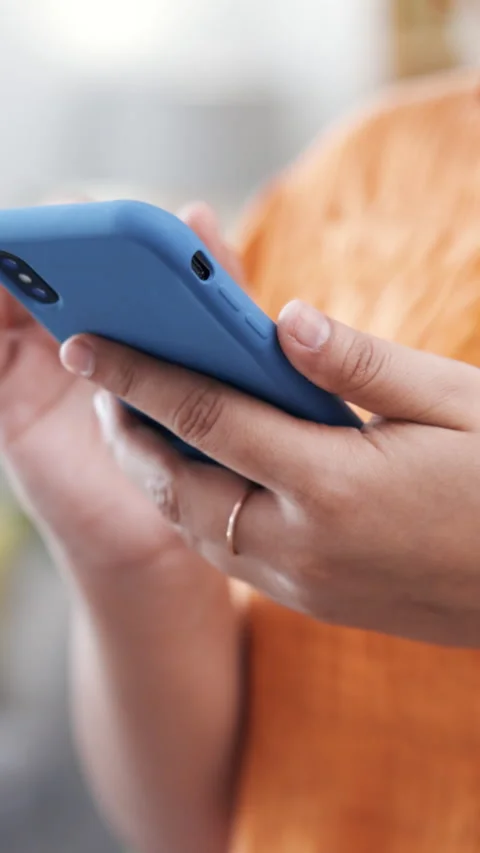 Hands, phone and scroll with app in home on web, chat and communication with Stock Footage 333326798