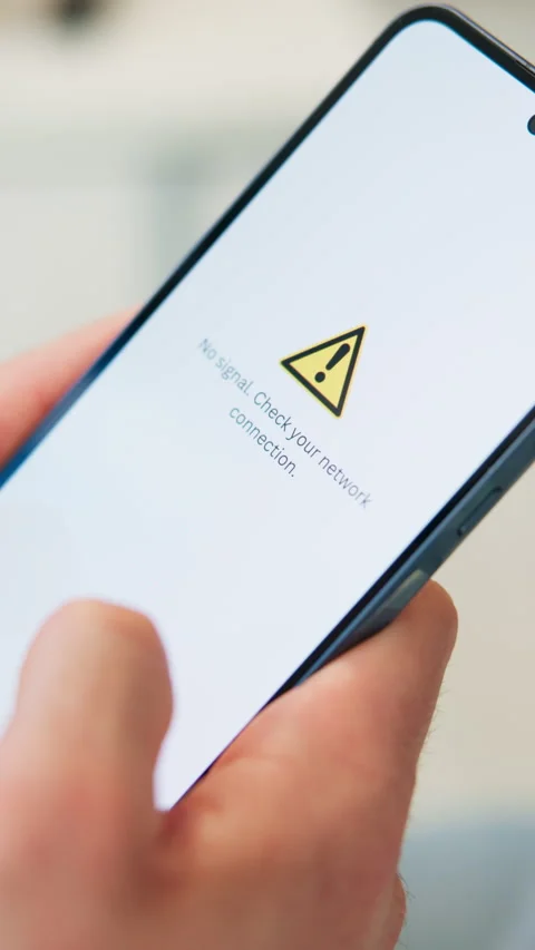 Hands, phone screen and error sign for signal, ux and search for internet Stock Footage 319841637