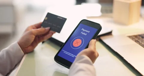 Hands, phone screen and payment fail with credit card, transaction or banking in Stock Footage 316301952