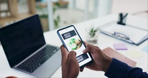 Hands, phone screen and scroll, food menu online with online shopping and Stock Footage 248117067