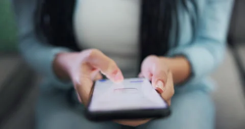 Hands, phone screen and scroll with online shopping and store website, menu and 스톡 동영상 248119805