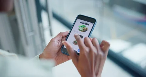 Hands, phone screen and scroll, fast food menu online with online shopping and Stock Footage 248165859